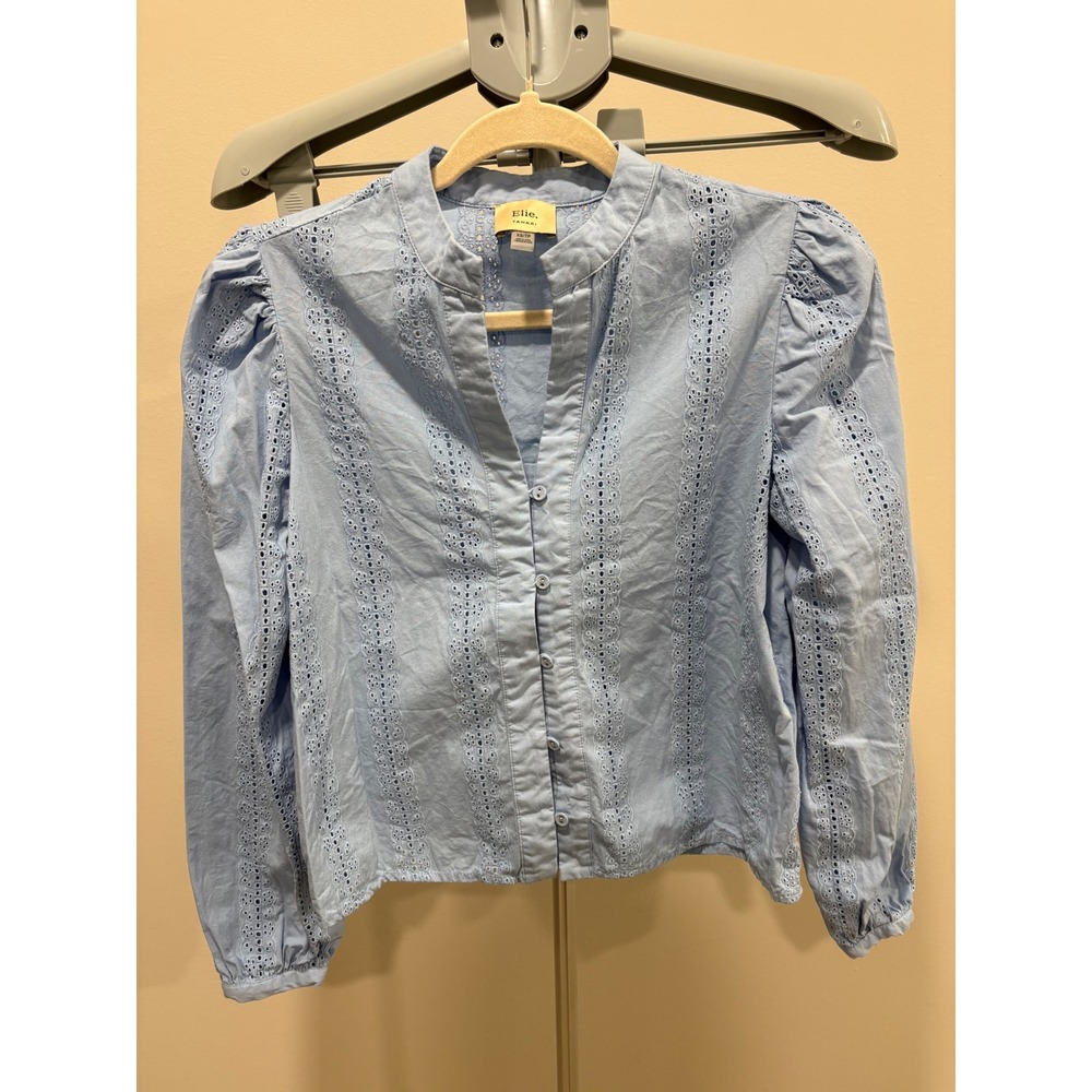 Elie Tahari Colette Rose Eyelet Top Puff Sleeve Embroidered Blue Cotton XS
